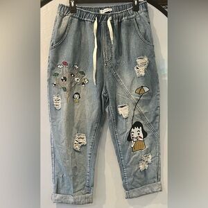 MISSLOOK Blue and White Distressed Jeans with Cartoon Patches
